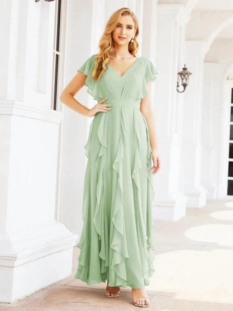 Ruffled Bridesmaid Dresses with Sleeves Long Formal Party Dress 28041