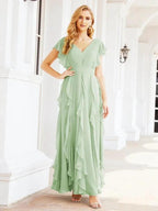 Ruffled Bridesmaid Dresses with Sleeves Long Formal Party Dress 28041