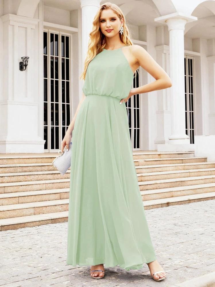 Numbersea  Halter Long Bridesmaid Dresses Formal A line Juniors Dress 28029