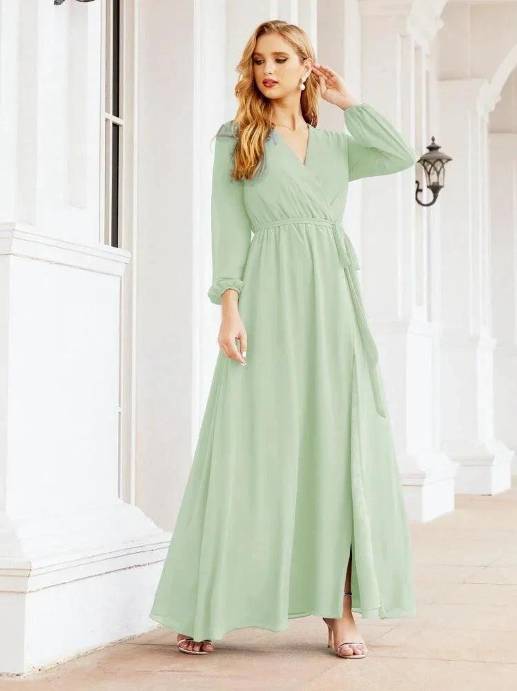 Sunnderly Women's Chiffon Bridesmaid Dress A line Long Sleeves Formal Evening Prom Gown for Wedding Guest SY28032