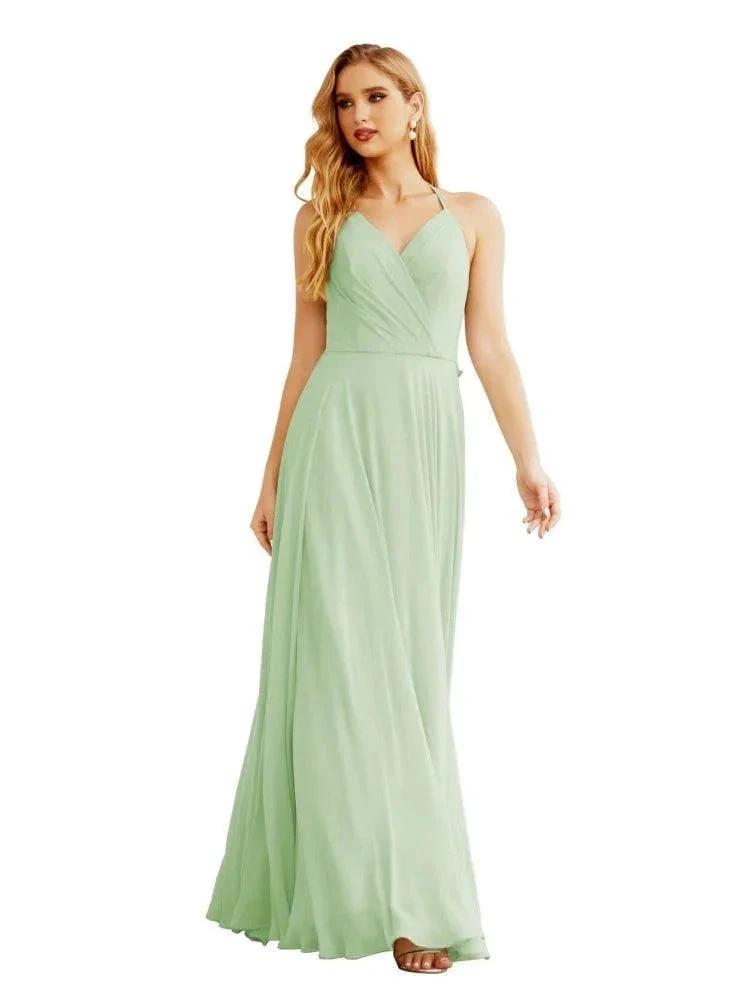 Women's Halter Chiffon Bridesmaid Dresses Wedding Apparel Long Sleeveless Formal Prom Dress with Ruffled Back SEA28035