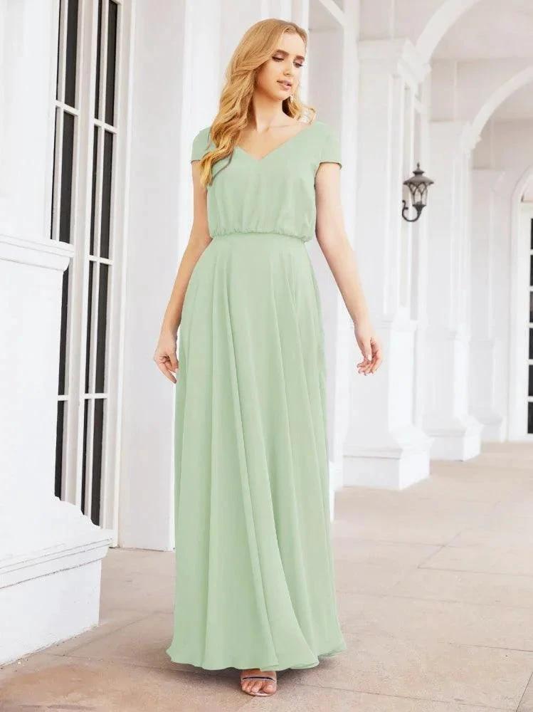 Numbersea V-Neck Bridesmaid Dresses Long Cap Sleeves Prom Evening Formal Gowns 28071
