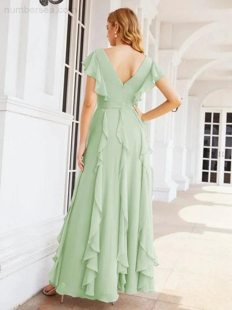 Ruffled Bridesmaid Dresses with Sleeves Long Formal Party Dress 28041