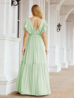 Numbersea Women's Open Back Formal Evening Party Prom Gowns V-Neck Long Chiffon Bridesmaid Dresses with Waist Belt 28038