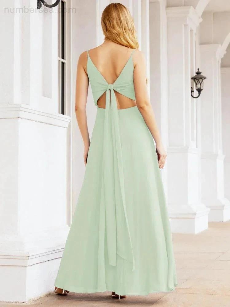 Numbersea Spaghetti Strap Bridesmaid Dresses V Neck Butterfly Back Fromal Evening Party Prom Gown 28036