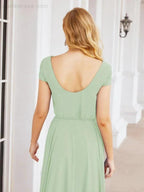 Numbersea V-Neck Bridesmaid Dresses Long Cap Sleeves Prom Evening Formal Gowns 28071