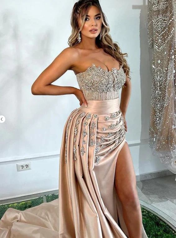 Champagne Gold Strapless High-Slit Gown