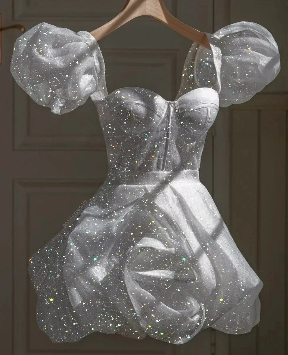 Glitter Sparkle White Homecoming Dress Retro White 22nd Birthday Outfit Dress Y4081