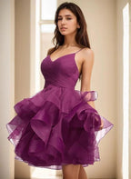 Puffy Ruffle Short Homecoming Dress Tull Tutu Prom Dress V Neck Formal Party Gown