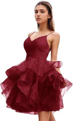 Puffy Ruffle Short Homecoming Dress Tull Tutu Prom Dress V Neck Formal Party Gown