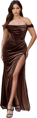 Women's Velvet Slit Mermaid Prom Dress Long Off Shoulder Bridesmaid Dress Strapless Party Gown