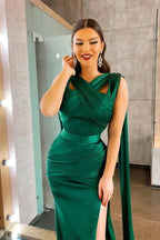 Ruffle-Trimmed Split Satin Long Mermaid Prom Dress in Dark Green