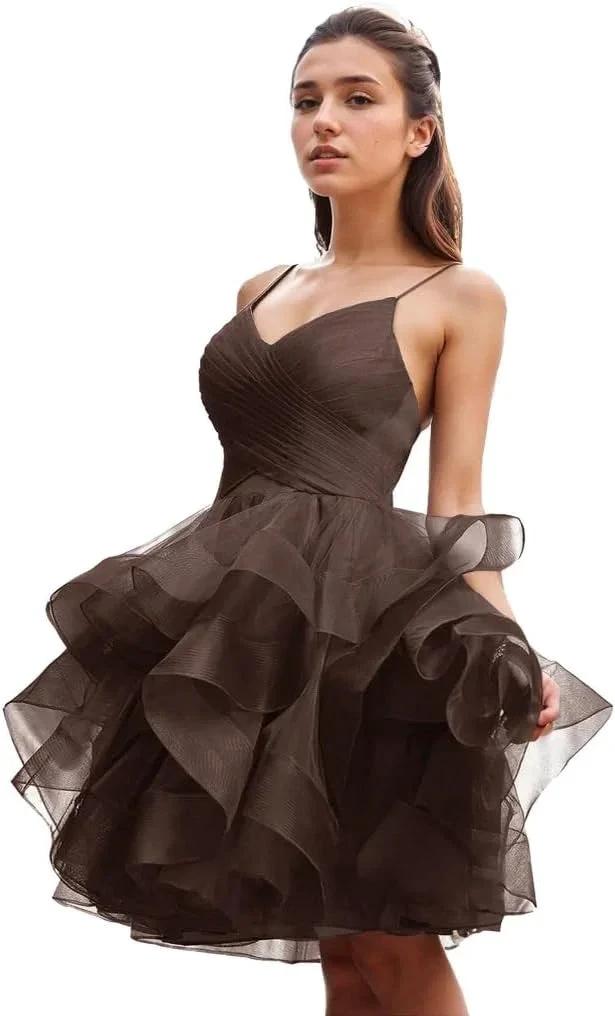Puffy Ruffle Short Homecoming Dress Tull Tutu Prom Dress V Neck Formal Party Gown
