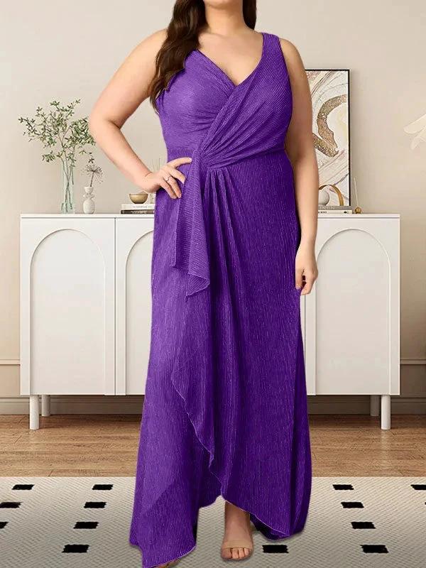 A-Line V-Neck Ruched Metallic Mesh Dress