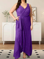 A-Line V-Neck Ruched Metallic Mesh Dress