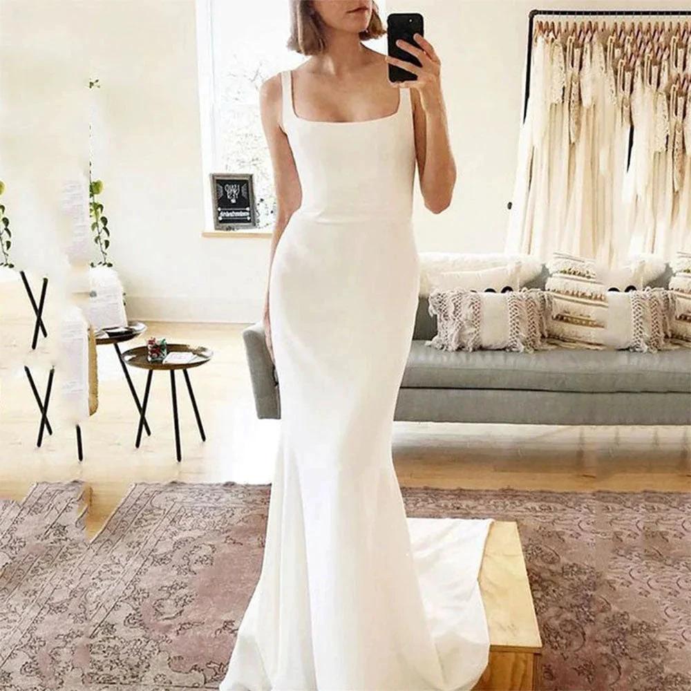 Spaghetti Strap Mermaid Wedding Dresses Women Square Neck Backless Simple Bridal Gowns Soft Stain Robe
