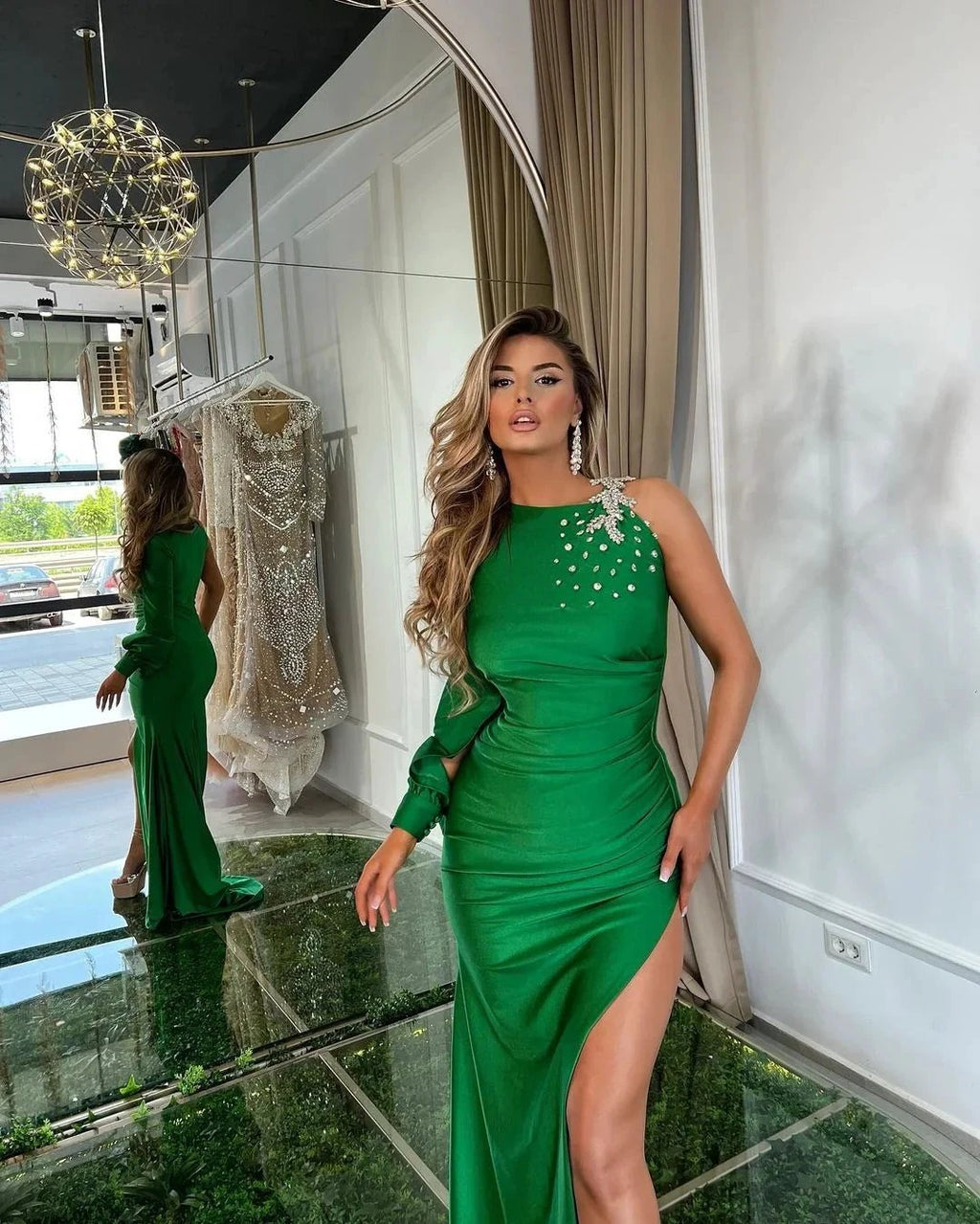 One Shoulder Green Satin Mermaid Prom Dress with Slit and Rhinestone