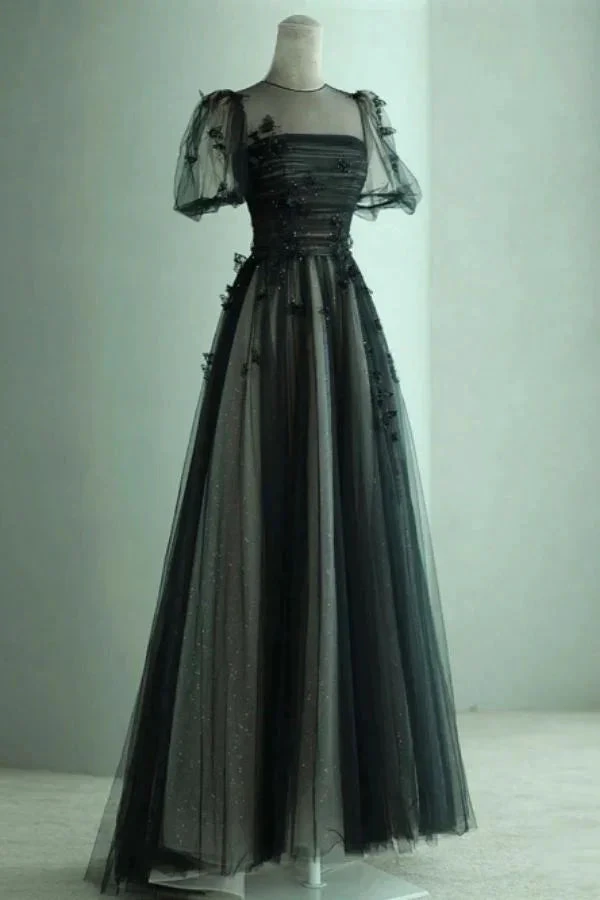 A Line Black Puff Sleeves Tulle Long Prom Dress Black Formal Evening Dress Y7334