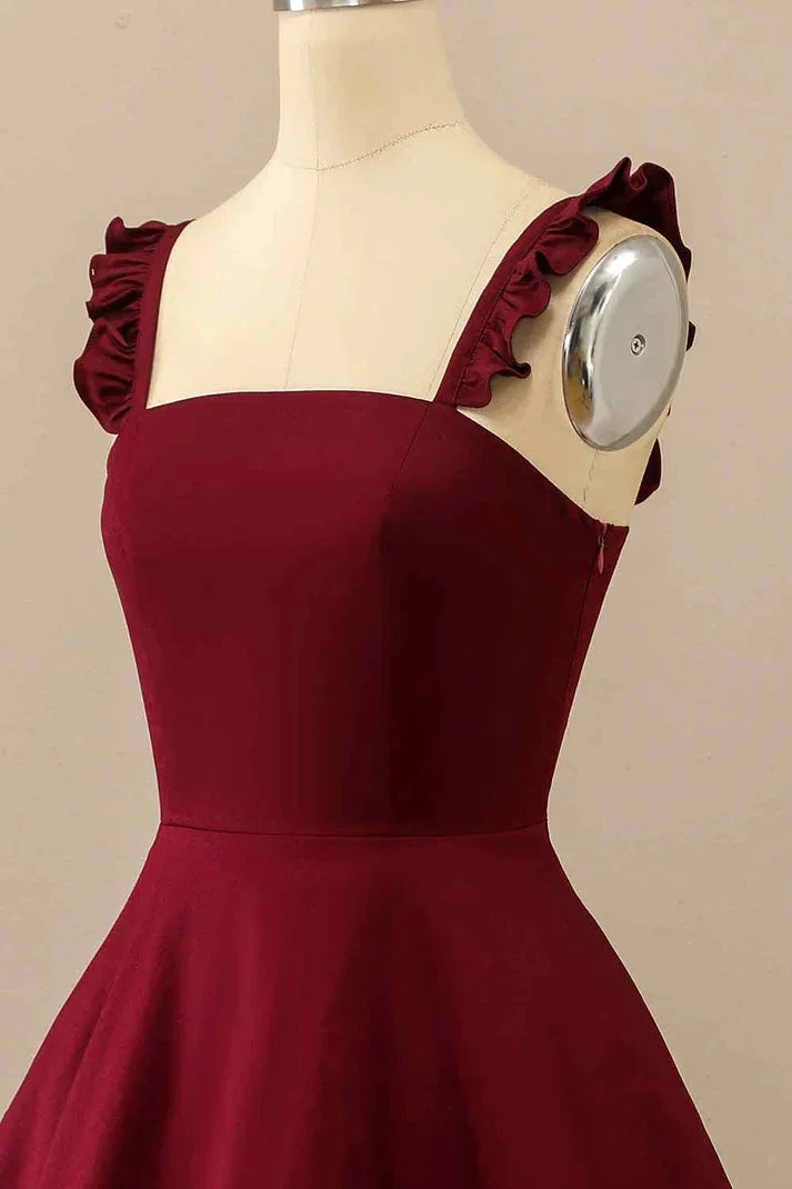 Burgundy A-line Ruffle Straps Satin Mini Homecoming Dress Y2176