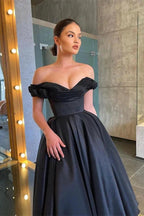 A-line Sleek and Stunning Off-the-Shoulder Black Prom Dress with Ruffle