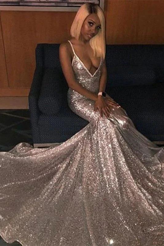 Long Mermaid V-Neck Sequins Backless Prom Dress