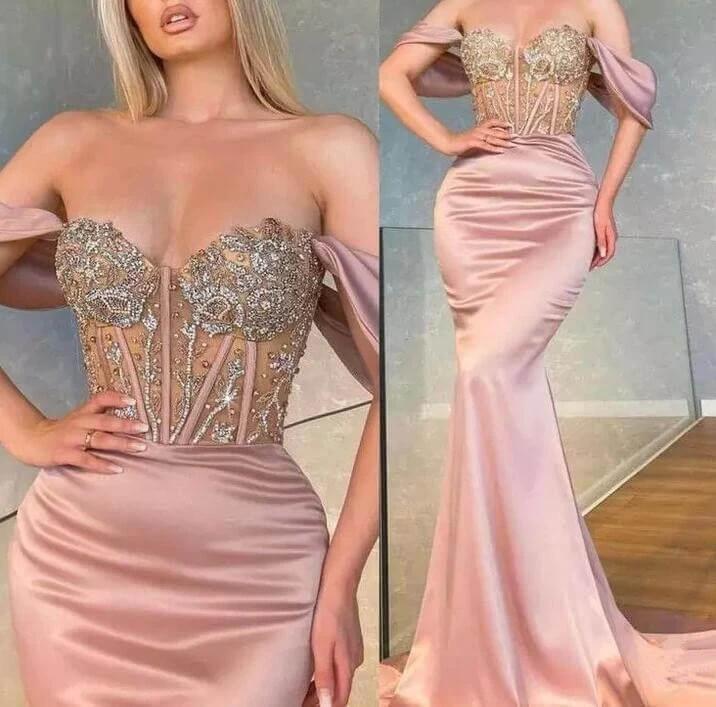 Long Off the Shoulder Sweetheart Mermaid Satin Prom Dress With Beads