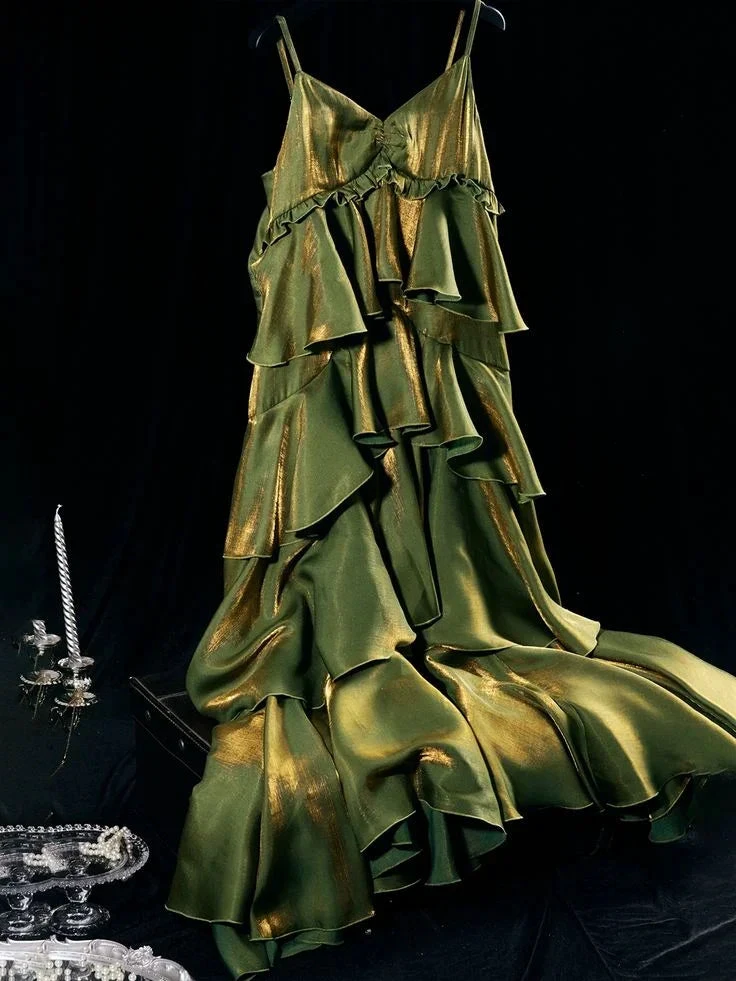 Vintage Green Tiered Flounce Long Prom Dress Party Evening Gown Y7548