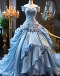 Blue Fairy 3D Floral Prom Dress Bustle Ruched Sweet 16 Ball Gown Quinceanera Dress Y7607