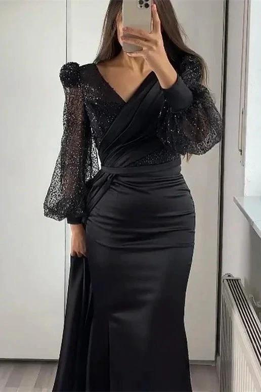 Long Sleeves V-neck Satin Mermaid Prom Dresses with Split