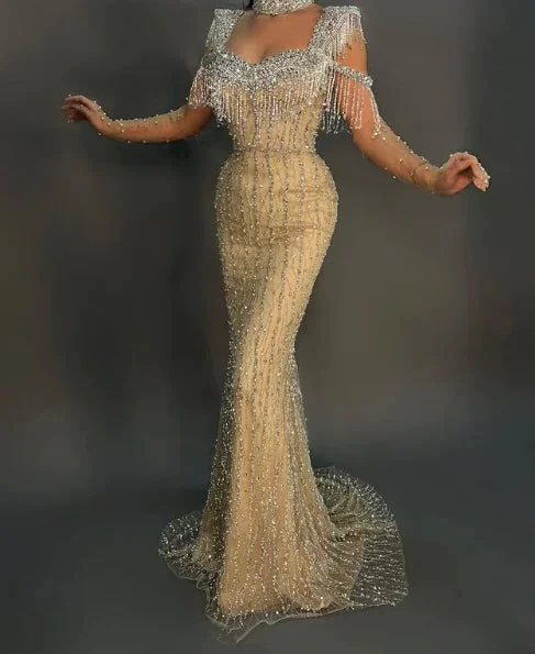 Gorgeous Yellow Tulle Sequins Beaded Mermaid Evening Dress Long Formal Prom Dress Y8538