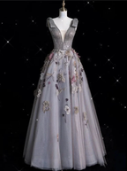 Charming V Neckline Gray Tulle Floral Ball Gown Long Evening Gown Prom Dress Y7953