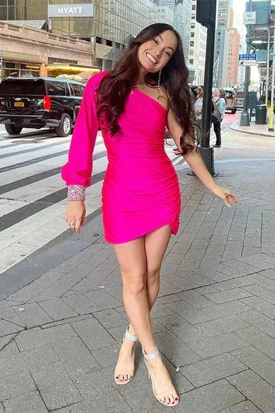 Short Mermaid Asymmetrical Ruffles One Sleeve Open Back Homecoming Dress Y1832