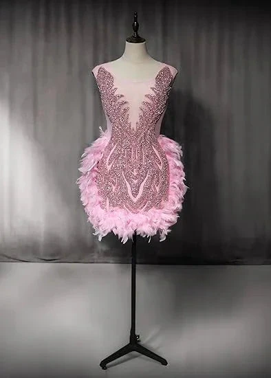 Luxury Pink Feather Homecoming Dress Birthday Dress Wedding Party Dress Y2639