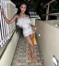 Sexy Strapless Satin Feathers Short White Homecoming Dress Cocktail Dress Y7845