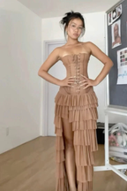 Vintage Strapless Chiffon Layered Long Prom Dress Slit Evening Dress Y7859