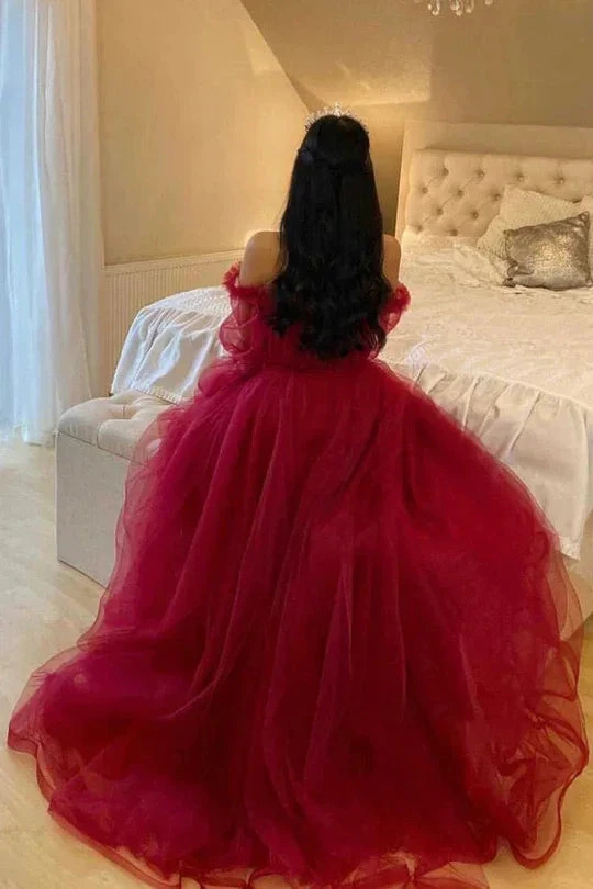 Burgundy Tulle Evening Dress With Long Sleeves Y503