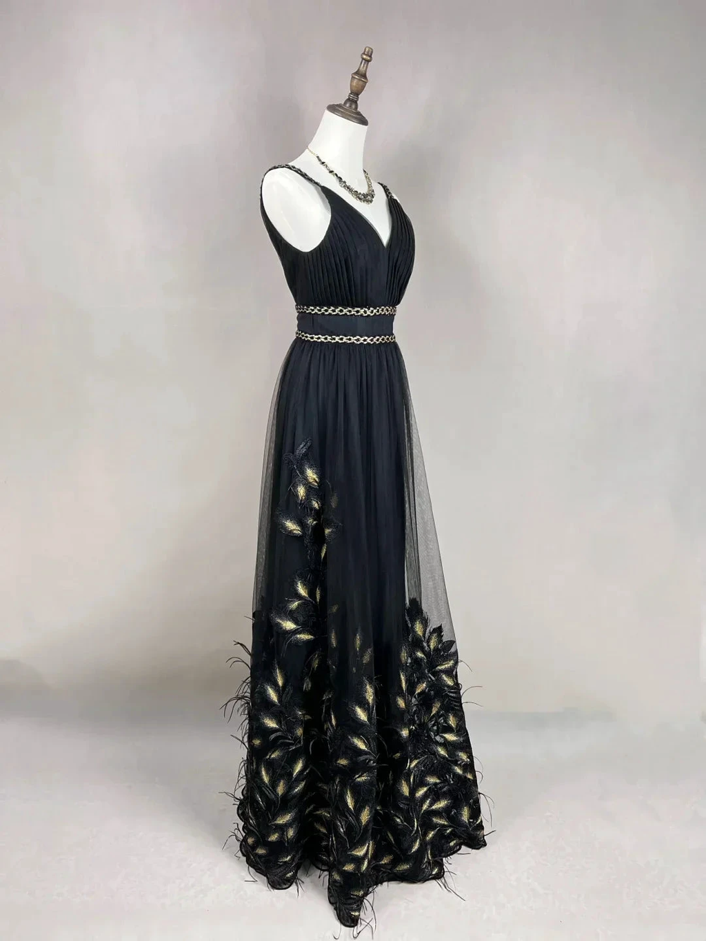 Gorgeous Black Tulle Gold Silk Feathers A Line Prom Dress Formal Evening Dress Y8652