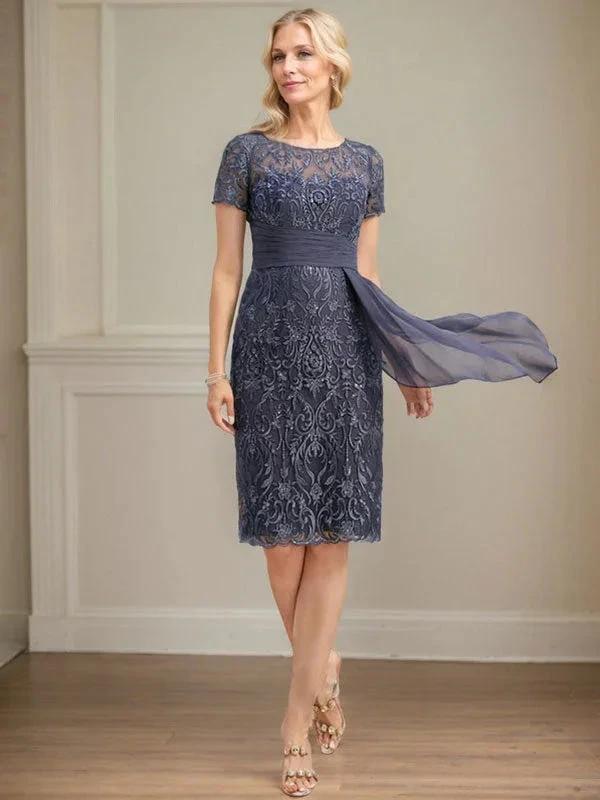 Sheath/Column Scoop Illusion Knee-Length Lace Chiffon Mother of the Bride Dress With Cascading Ruffles Sequins