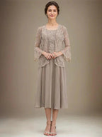 A-line Scoop Tea-Length Lace Chiffon Mother of the Bride Dress With Sequins