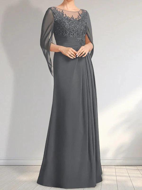 A-line Scoop Illusion Floor-Length Lace Chiffon Mother of the Bride Dress With Pleated Sequins