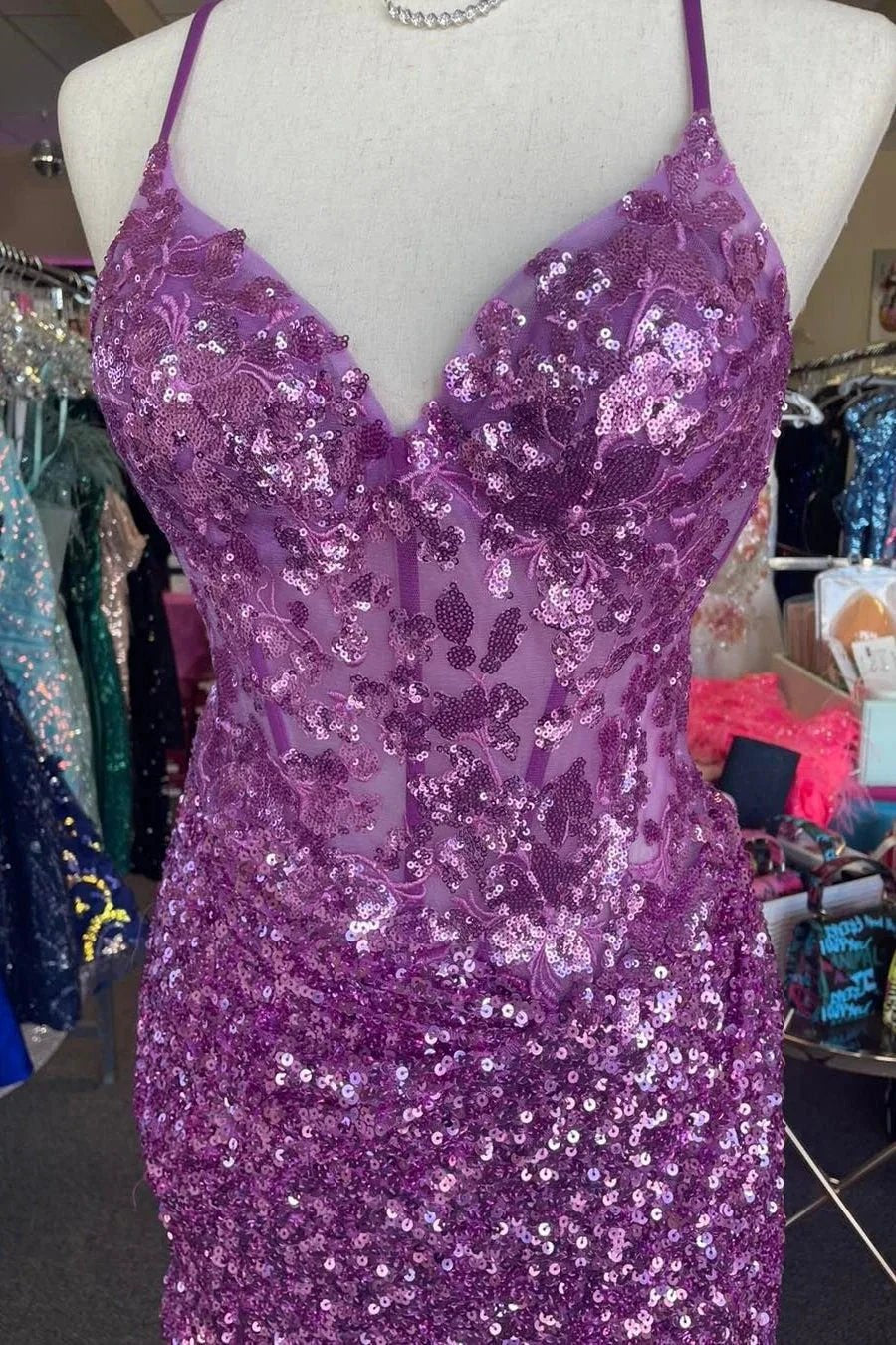 Sparkle Appliques Sequin Lilac Homecoming Lace-up Dress
