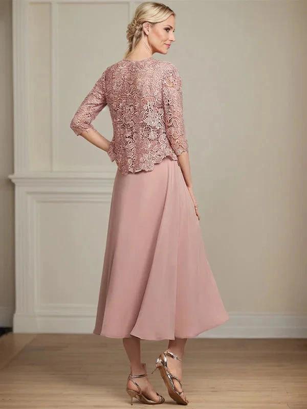 A-line Square Tea-Length Chiffon Lace Mother of the Bride Dress With Sequins Beading