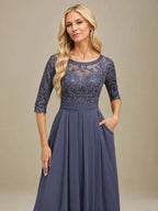 A-Line Scoop Floor-Length Lace Chiffon Mother Of the Bride Dress With Sequins Applique