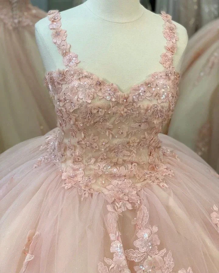 Quinceanera Sweet Tulle Ball Gown 16 Lace Pink Party Flower Sparkly Prom Dress Y3027
