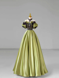 Chic Green Bow Lace Beaded Satin Prom Dress Off-The-Shoulder Ball Gown  Y7745