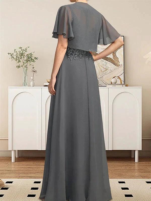 A-line Scoop Illusion Floor-Length Lace Chiffon Mother of the Bride Dress With Sequins