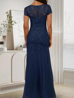 Dark Navy Mermaid Scoop Sequins Tulle Dress