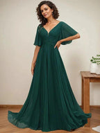 A-line V-Neck Floor-Length Chiffon Mother of the Bride Dress With Sequins Appliques Lace Pleated