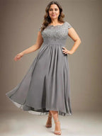 A-line Scoop Illusion Asymmetrical Lace Chiffon Mother of the Bride Dress With Pleated