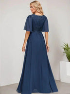 A-line V-Neck Floor-Length Lace Chiffon Mother of the Bride Dress With Sequins